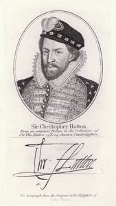 Sir Christopher Hatton, Lord Chancellor of England og favoritt til dronning Elizabeth I (gravering) av English School
