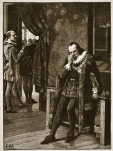 Sir Francis Bacon venter på et publikum av Buckingham, illustrasjon fra Cassells Illustrated History of England (sepiafoto) av English School