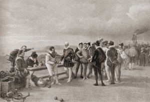 Sir Francis Drake spiller bowls, med den spanske armadaen i sikte ved Plymouth Hoe, England i 1588. av English School