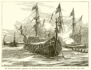 Sir Francis Drakes ankom Ternate under hans Circumnavigation of the Globe, 1577--1580 av English School