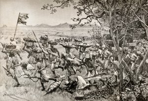 Sir Henry Morton Stanley og mennene hans kom endelig ut av skogen og ut på gresslandet i 1887, under deres Emin Pasha-hjelpekspedisjon i Afrika. av English School