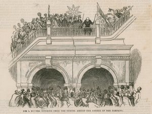 Sir Isambard Brunel trekker seg ut av tunnelen under jubelen fra selskapet av English School