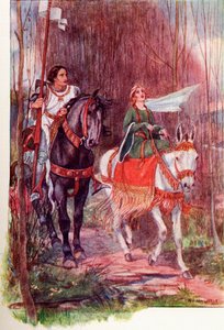 Sir Lancelot og dronning Guinevere. Farget illustrasjon fra boken The Gateway to Tennyson utgitt 1910. av English School