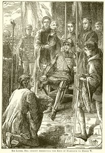 Sir Lionel Bra Uemont presenterer Keys of Harfleur til Henry V av English School