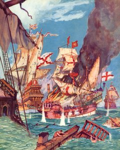 Sir Richard Grenville, Battle Of Flores (farge litho) av English School