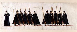 Sir Walter Raleigh, kaptein for garde, og garde. En del av begravelsesprosesjonen til dronning Elizabeth I til Westminster Abbey, 28. april 1603. av English School