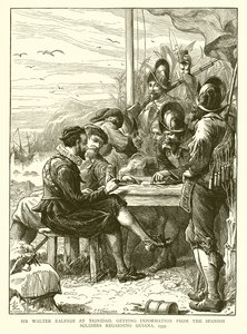 Sir Walter Raleigh på Trinidad, får informasjon fra de spanske soldatene angående Guyana, 1595 av English School