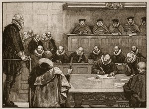 Sir Walter Raleigh før dommerne, illustrasjon fra Cassells Illustrated History of England (sepiafoto) av English School
