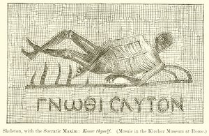 Skjelett, med den sokratiske maksimen: Kjenn deg selv. (Mosaikk i Kircher-museet i Roma) av English School