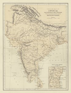 Skissekart over India som illustrerer historien fra den tidligste perioden til slaget ved Plassy
