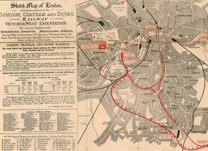 Skissekart over London som viser posisjonen til London, Chatham og Dover Railway
