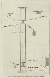 Skissekart over Phoenix Park, Dublin, som viser scenen for mordene (gravering) av English School