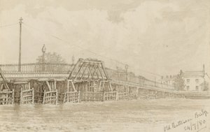 Skisse av gamle Battersea Bridge (wc på papir) av English School