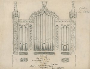 Skisse av det gamle orgelet ved Royal Gardens (Vauxhall Gardens, London) av English School
