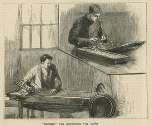 Skisser ved Royal Mint, Tower Hill; ringe og undersøke myntene av English School