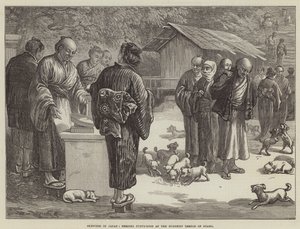 Skisser i Japan, mating av hundevalper ved Buddhist Temple of Oyama (gravering) av English School
