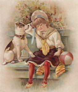 Sovende jente og hunden hennes (chromolitho) av English School