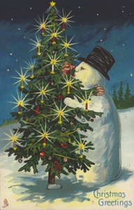 Snømann og juletre kysser (chromolitho) av English School