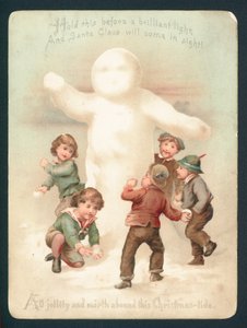 Snømann, barn og snøballer, julekort av English School