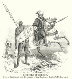 Soldater fra Bornou, Kanem Spearman og rytter fra Sheikh av Bornous livvakt (gravering) av English School