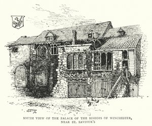 Sørutsikt over Palace of the Bishops of Winchester, nær St Saviour's (gravering) av English School