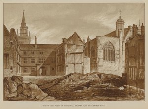 Sørøst utsikt over Guildhall Chapel og Blackwell Hall, City of London av English School