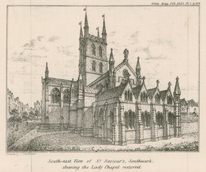 Sørøst-utsikt over St Savios Church, Southwark, som viser Lady Chapel restaurert av English School
