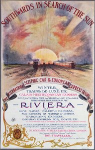 Sørover til solen, plakat som reklamerer for International Sleeping Car Train Company-tjenester til den franske rivieraen, ca. 1910