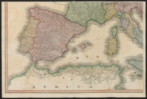 Spania og Portugal, fra Europa, som beskriver alle endringene i territoriet, sammen med deres avvik i grenselinjene til dets flere imperier og stater som ble enige om og bekreftet av den definitive Paris-traktaten, 20. november 1815, publisert 1816 (colo av English School