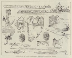 Exponate von der skandinavischen Ausstellung im Royal Archaeological Institute (Gravur) von English School