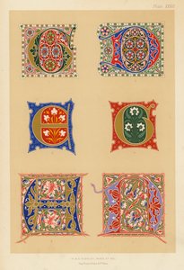Eksempler av illuminerte initialer fra 1300- og 1400-tallet (fargelitografi) av English School