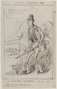 Sportsgalleri nr. 2, A Regler, Artful Cove at a Old Crow, ca. 1825 (penn og blekk på papir) av English School
