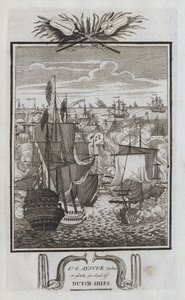 Sr G Ayscue tar eller senker 30 seil av nederlandske skip (gravering) av English School