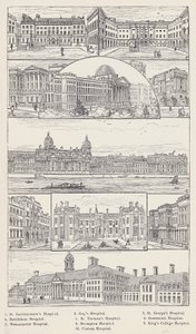 St Bartholomew's Hospital, Guy's Hospital, St George's Hospital, Bethlehem Hospital, St Thomas's Hospital, Greenwich Hospital, Westminster Hospital, Brompton Hospital, King's College Hospital, Chelsea Hospital (gravering) av English School