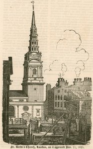 St Brides Church, Fleet Street, London, slik den så ut 11. januar 1825 av English School