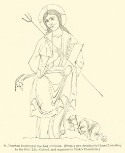 St Dunstan kneler ved Kristi føtter, fra en penntegning av ham selv, som eksisterer i Bod Lib, Oxford, og inngravert i Hicks synonymordbok (gravering) av English School