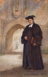 St. Edmund Campion: Edmund Campion i Proctor-kapper, Gateway of St. John#39;s College, Oxford, i bakgrunnen (fargelitografi) av English School