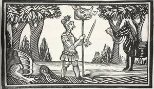 St George with the Dragons head, illustrasjon fra Chap-books of the Eighteenth Century av John Ashton, pub. 1882 av English School