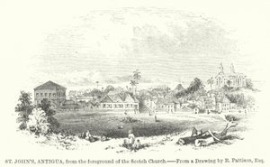 St. John#39;s, Antigua, fra forgrunnen av den skotske kirken (gravering) av English School