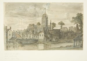 St Mary Redcliffe Church fra Redcliffe Back (med penn og blekktegning av løve på baksiden) (blyant og akvarell på papir) av English School