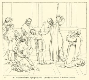 St Nilus helbreder den epileptiske gutten, fra fresken ved Grotta Ferrata (gravering) av English School