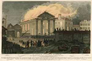 St Pauls, Covent Garden, London, slik den så ut i brann om kvelden 17. september 1795 av English School