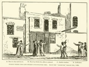 Stall der Cato Street Conspirators møttes, fra Observer, 5. mars 1820 (gravering) av English School