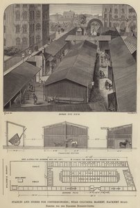Staller og butikker for Costermongers, nær Columbia Market, Hackney Road, reist for baronesse Burdett-Coutts (gravering) av English School