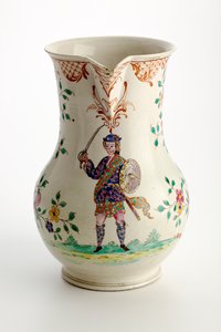 Staffordshire-kanne dekorert med figur i Highland-drakt, 1755 (saltglasert lertøy) av English School