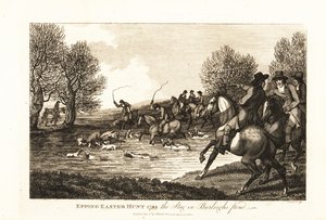 Hjortejegere og hunder som jakter på en kalvhjort i Epping-påskejakten av English School