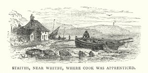 Staiths, nær Whitby, der Cook gikk i lære (farget gravering) av English School
