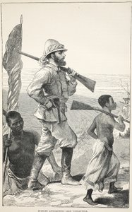 Stanley nærmer Tanganyikasjøen, illustrasjon fra The Pictorial Edition of the Life and Discoveries of David Livingstone av J. Ewing Richie, pub. av A. Fullarton & Co., 1876 av English School