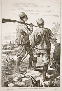 Stanleys guider som nærmer seg Tanganyikasjøen, illustrasjon fra The Pictorial Edition of the Life and Discoveries of David Livingstone av J. Ewing Richie, pub. av A. Fullarton & Co., 1876 av English School