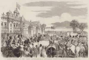 Statlig åpning av den store utstillingen, Hennes Majestet forlater Buckingham Palace (gravering) av English School